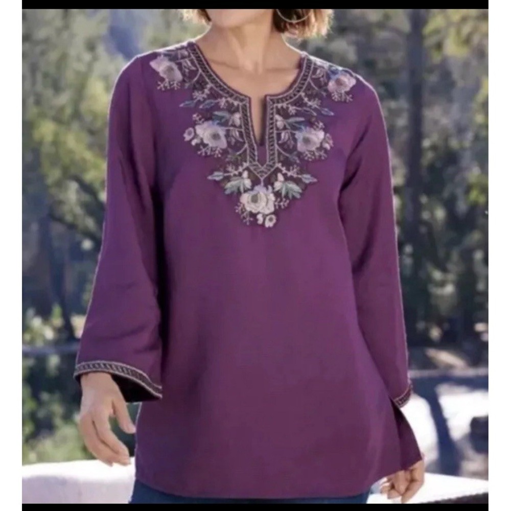 New Soft Surroundings Embroidered Beaded Global Artistry‎ Tunic Shirt M Purple